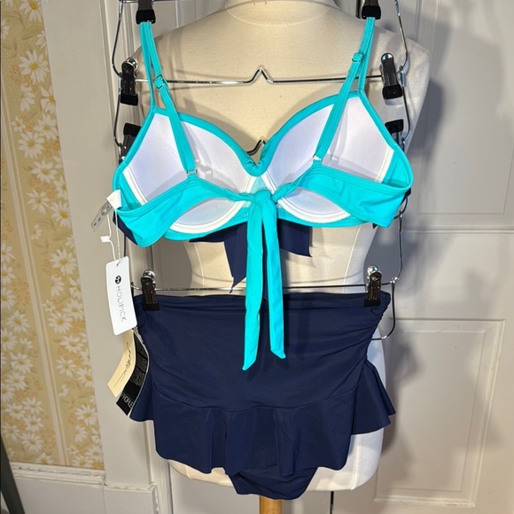 Super Cute Holypick Top & Gottex Bottom Teal/Navy Bikini Set Perforated Ruffle - Picture 4 of 15